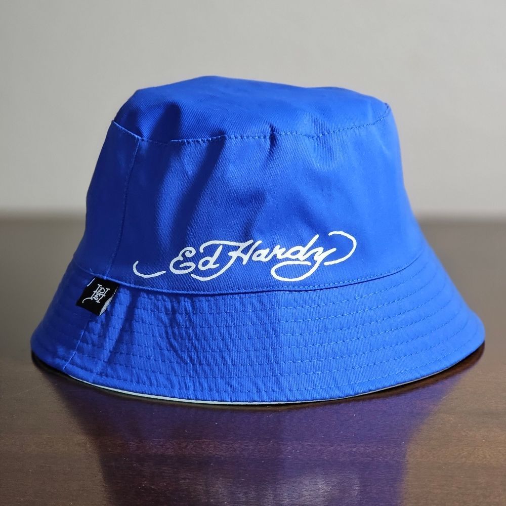 Ed Hardy By Christian Audigier Fish Tattoo Bucket Hat Reversible White Blue New - Picture 7 of 9